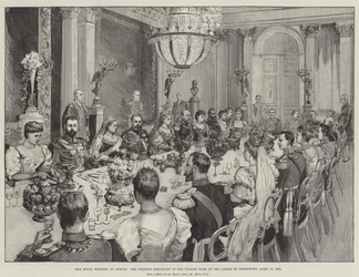 Die königliche Hochzeit in Coburg, das Hochzeitsfrühstück im Thronsaal des Schlosses Ehrenburg, 19. April 1894